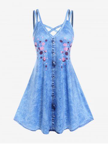 Plus Size 3D Jeans Floral Printed Crisscross A Line Dress - BLUE - 5X | US 30-32