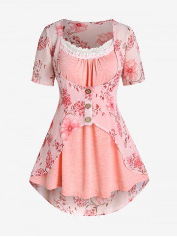 Plus Size High Low Floral Blouse and Lace Trim Tank Top Set - LIGHT PINK - 3X | US 22-24