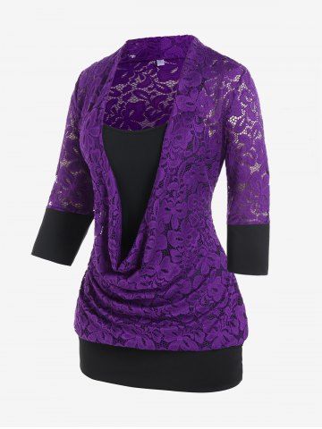 Plus Size Lace Panel Cowl Front Faux Twinset Tee