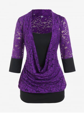 Plus Size Lace Panel Cowl Front Faux Twinset Tee