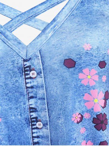 Plus Size 3D Jeans Floral Printed Crisscross A Line Dress