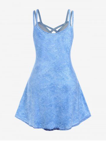 Plus Size 3D Jeans Floral Printed Crisscross A Line Dress