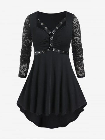 Gothic Lace Sleeve Harness Grommets High Low Tee