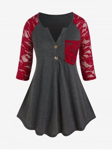 Plus Size Lace Panel Pocket Raglan Sleeves V Notched T Shirt - DARK GRAY - 1X | US 14-16