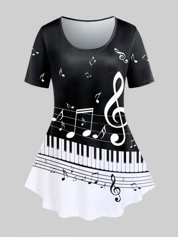 T-Shirt à Imprimé Notes de Musique et Touches de Piano Grande-Taille - BLACK - 3X | US 22-24