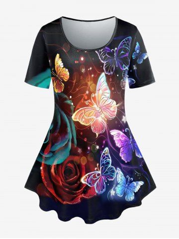 Plus Size Rose Butterfly Print Tee - BLACK - M | US 10