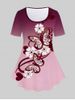 T-shirt Ombré à Imprimé Papillon et Fleur à Manches Courtes Grande Taille - Rose clair 