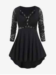 Gothic Lace Sleeve Harness Grommets High Low Tee -  