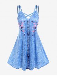 Plus Size 3D Jeans Floral Printed Crisscross A Line Dress -  