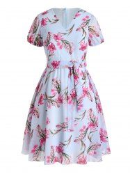 Plus Size & Curve Leaf Floral Belted Mesh Puff Sleeve A Line Midi Summer Casual Vacation Dress -  