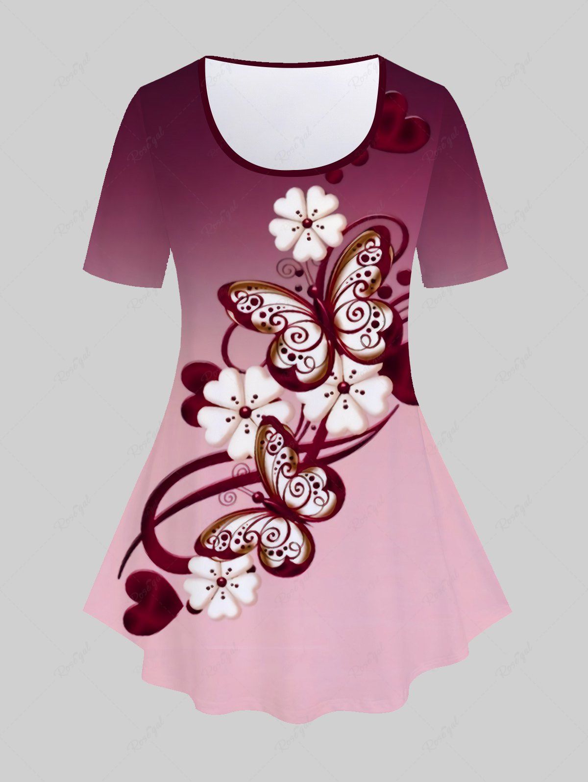 Affordable Plus Size Butterfly Flower Printed Ombre Short Sleeves Tee  