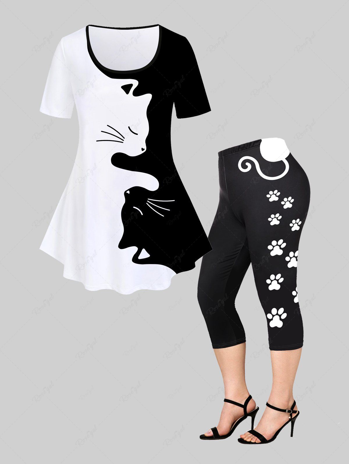 Trendy Cat Pattern Colorblock Tee and Cat-pad Printed Leggings Plus Size Summer Matching Set  