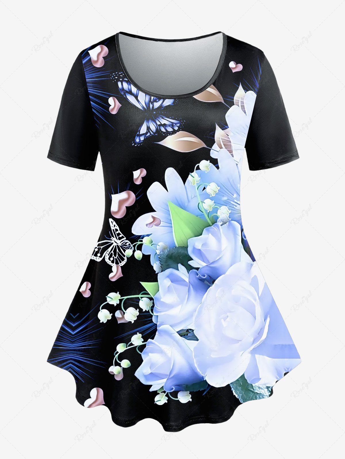T-shirt à Imprimé Fleur Papillon Cœur à Manches Courtes de Grande Taille Bleu 1X | US 14-16