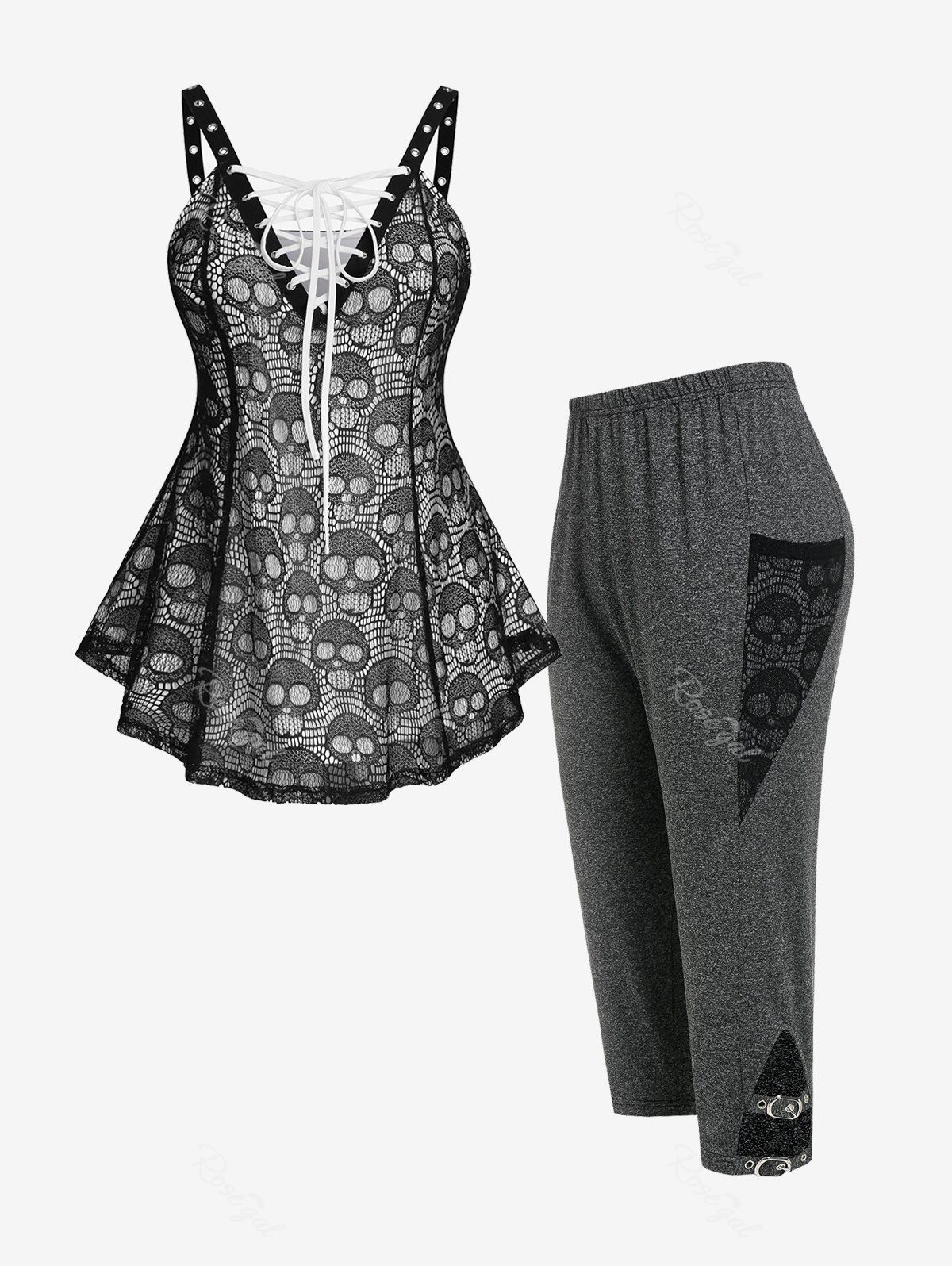 Fancy Lace Skull Grommet Tank Top and Buckle Cutout Leggings Plus Size Summer Outfit  