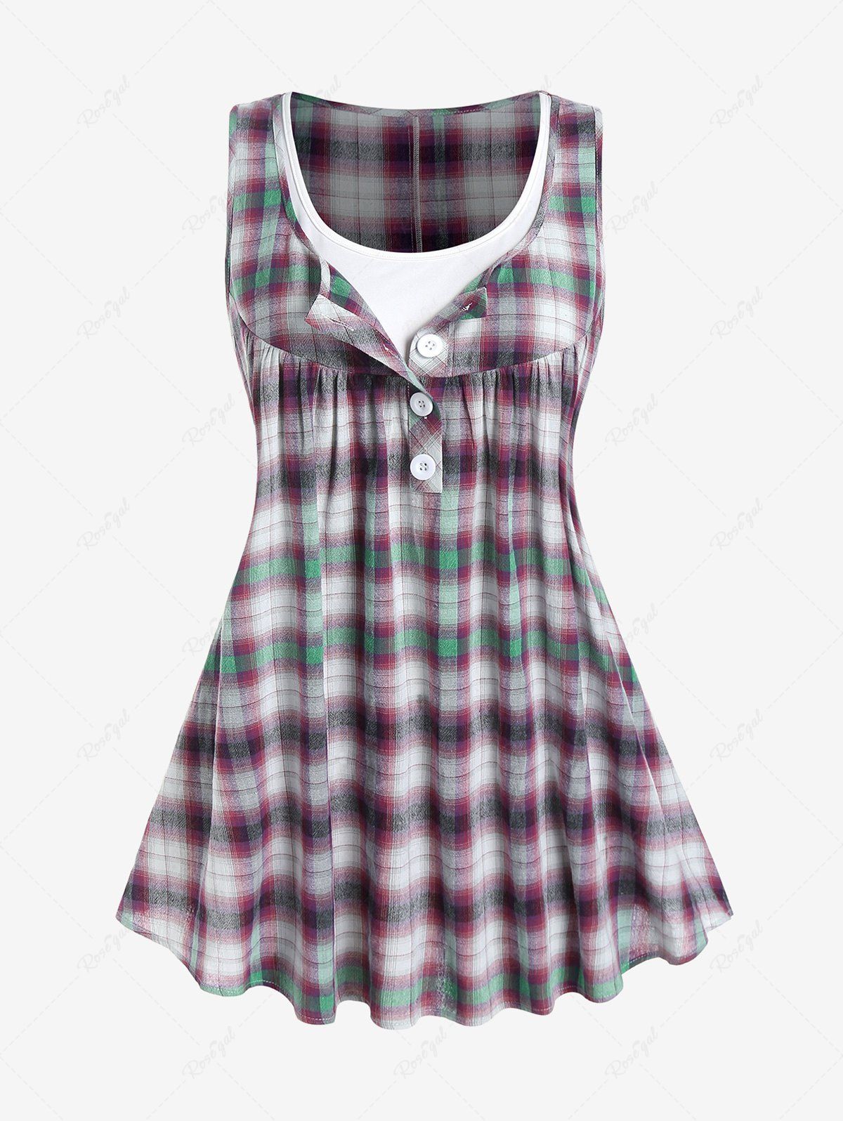 Affordable Plus Size Half Button Plaid 2 in 1 Tee  
