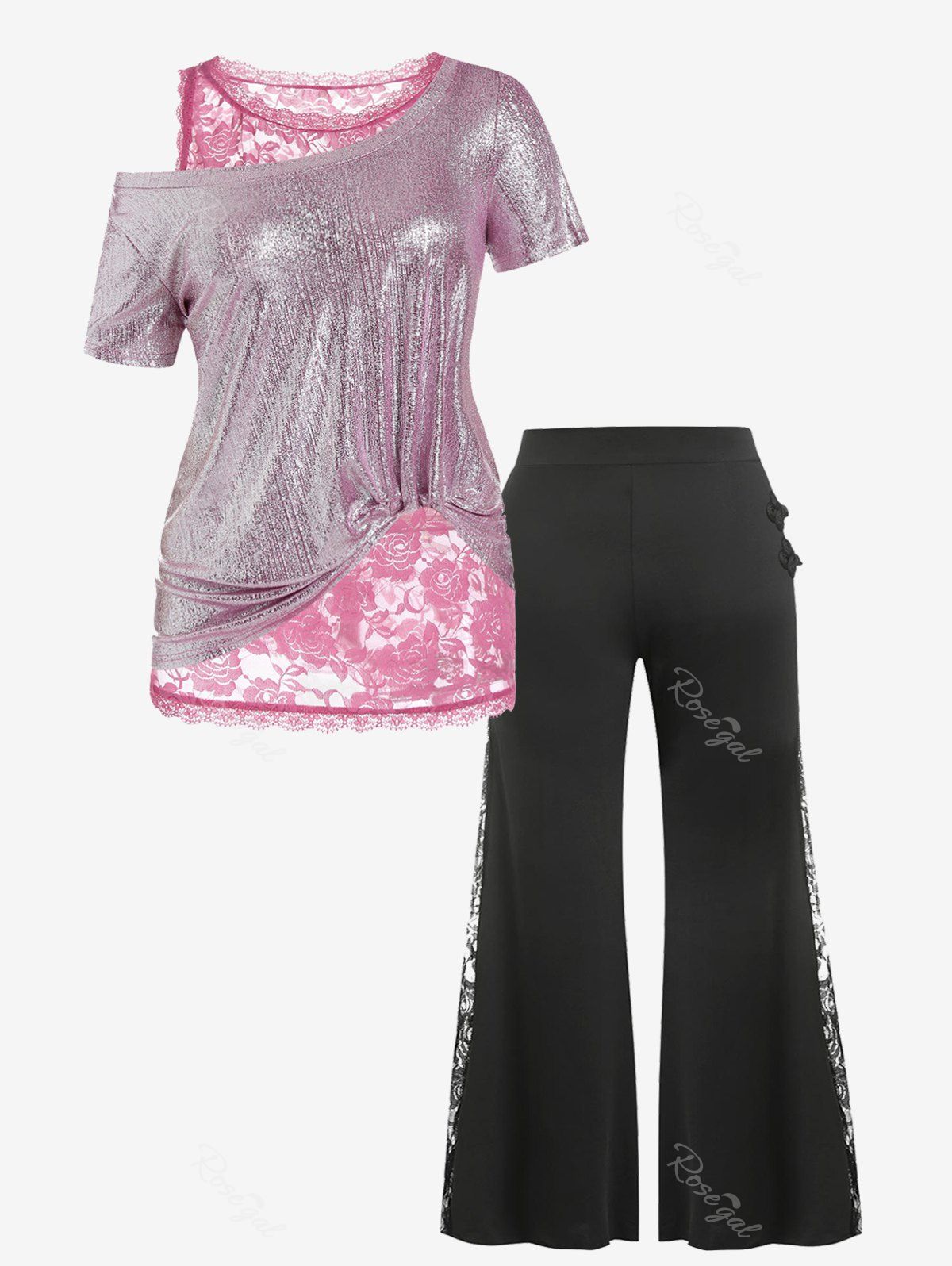 Ensemble T-shirt Métallique en Dentelle et Pantalon de Cloche de Grande Taille Rose clair 