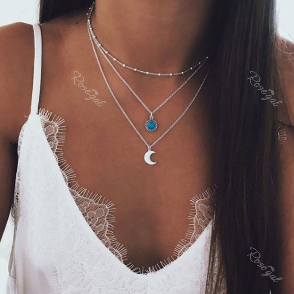 Trendy Sun Moon Pattern Layered Pendant Choker Necklace  