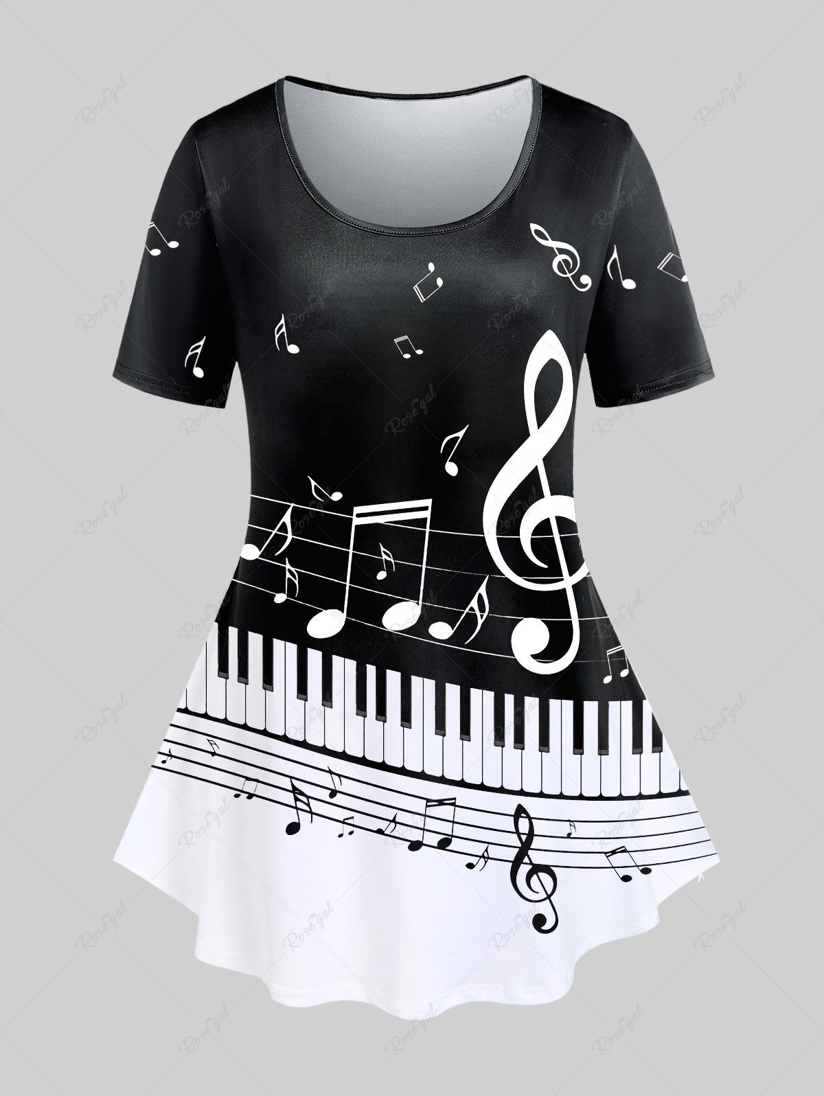 T-Shirt à Imprimé Notes de Musique et Touches de Piano Grande-Taille Noir 3X | US 22-24