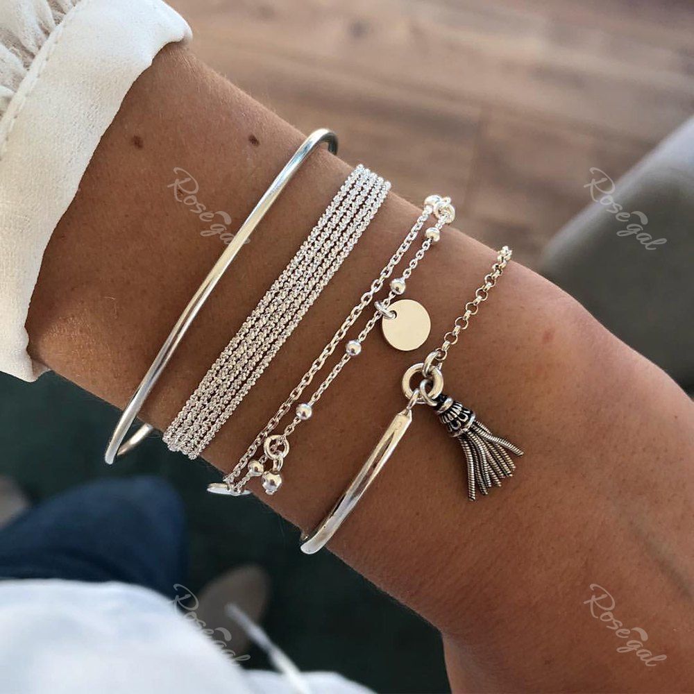 4 Pièces Ensemble de Bracelet Pendant Rond Superposé à Frange Style Bohémien Argent 