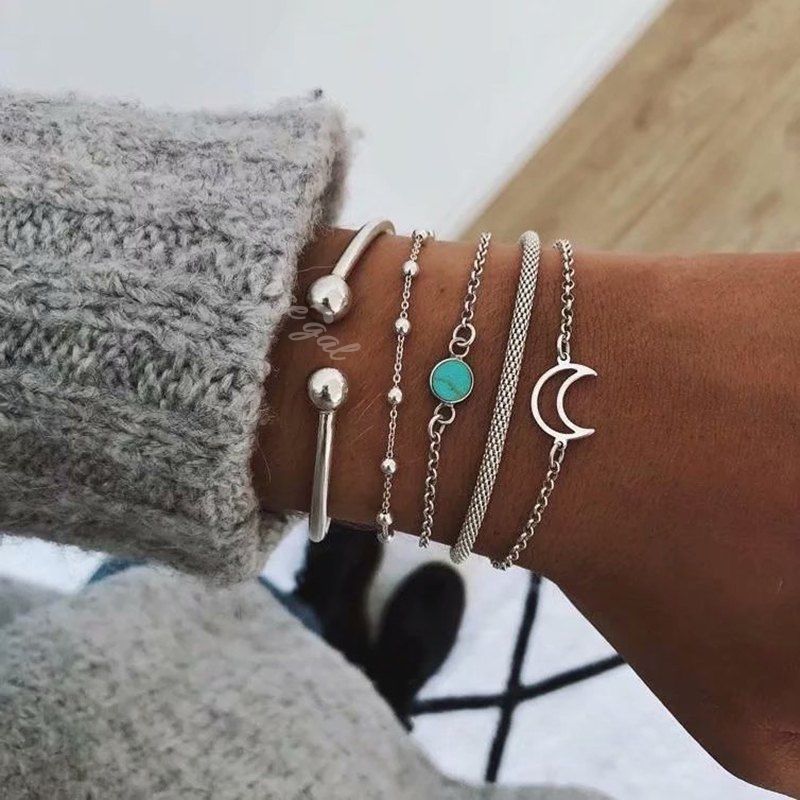 Online 5Pcs Moon Faux Emerald Chain Bracelet Set  