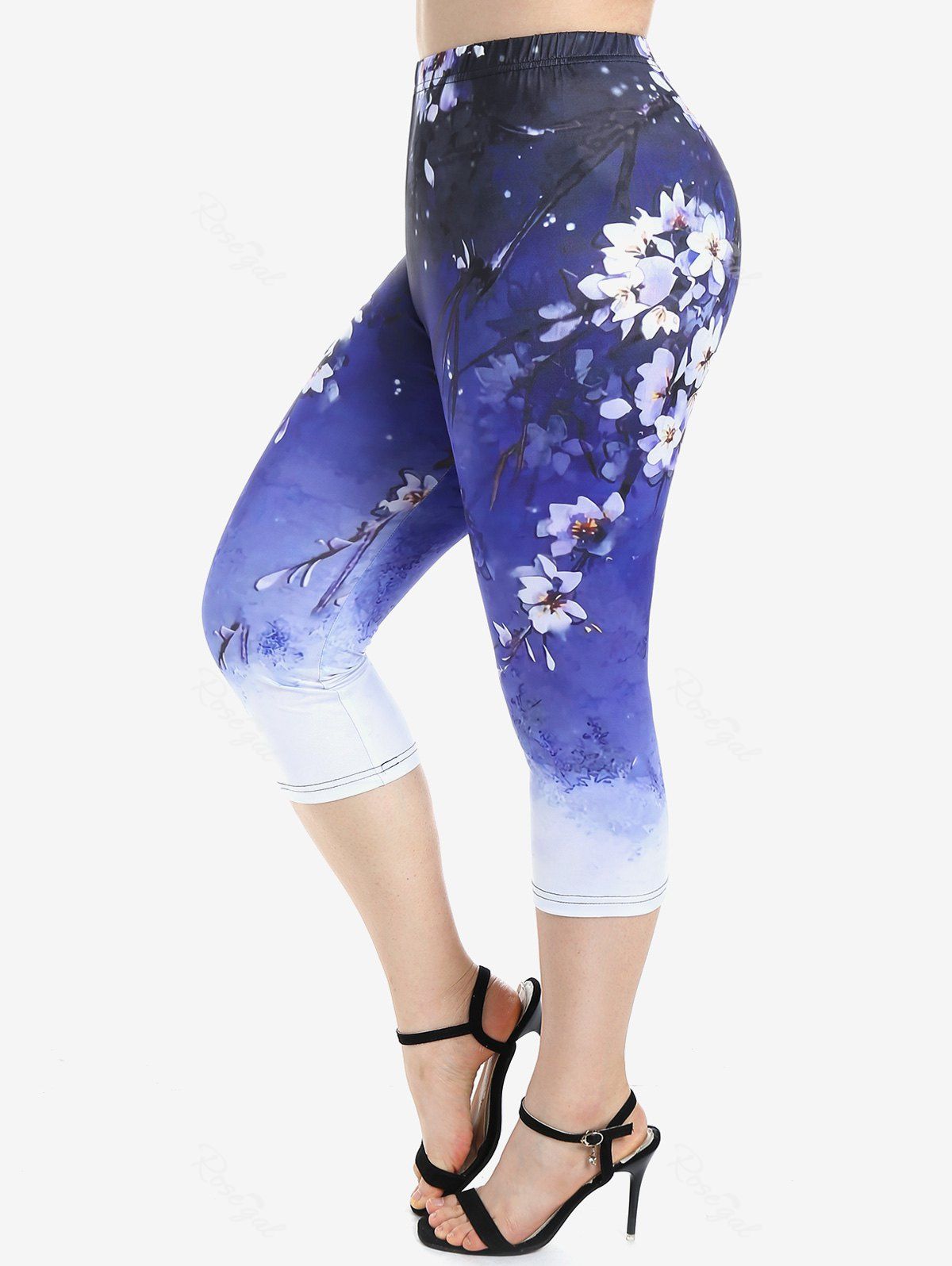 Cheap Plus Size High Waist Floral Print Capri Skinny Leggings  