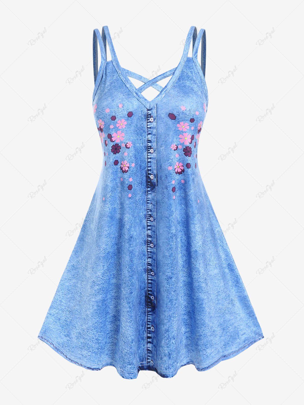 Online Plus Size 3D Jeans Floral Printed Crisscross A Line Dress  