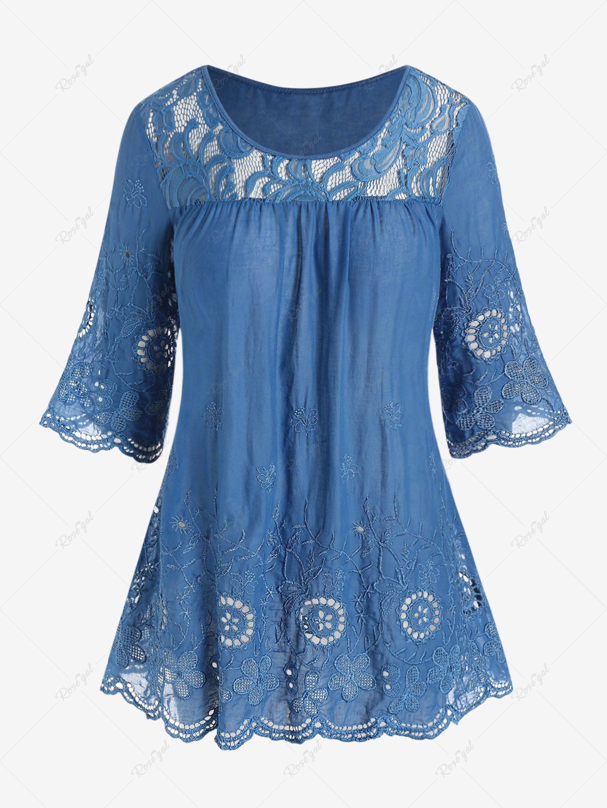 Trendy Plus Size Lace Panel Embroidered Scalloped Frilled T Shirt  