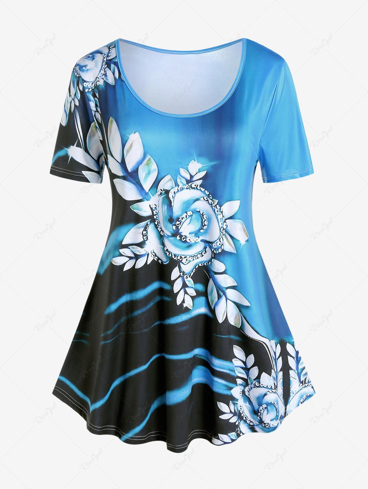 T-shirt à Imprimé Fleuri en Blocs de Couleurs de Grande Taille Bleu L | US 12