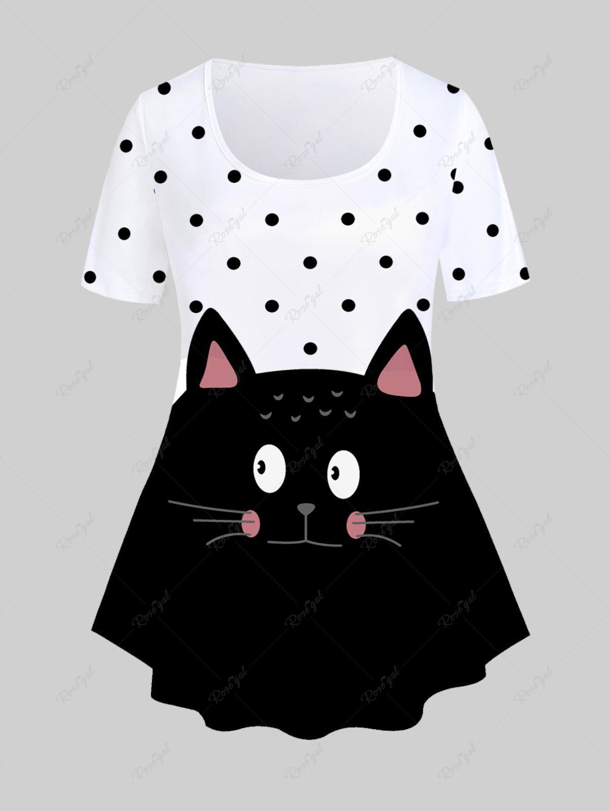 Fashion Plus Size Polka Dot Cat Print Tee  
