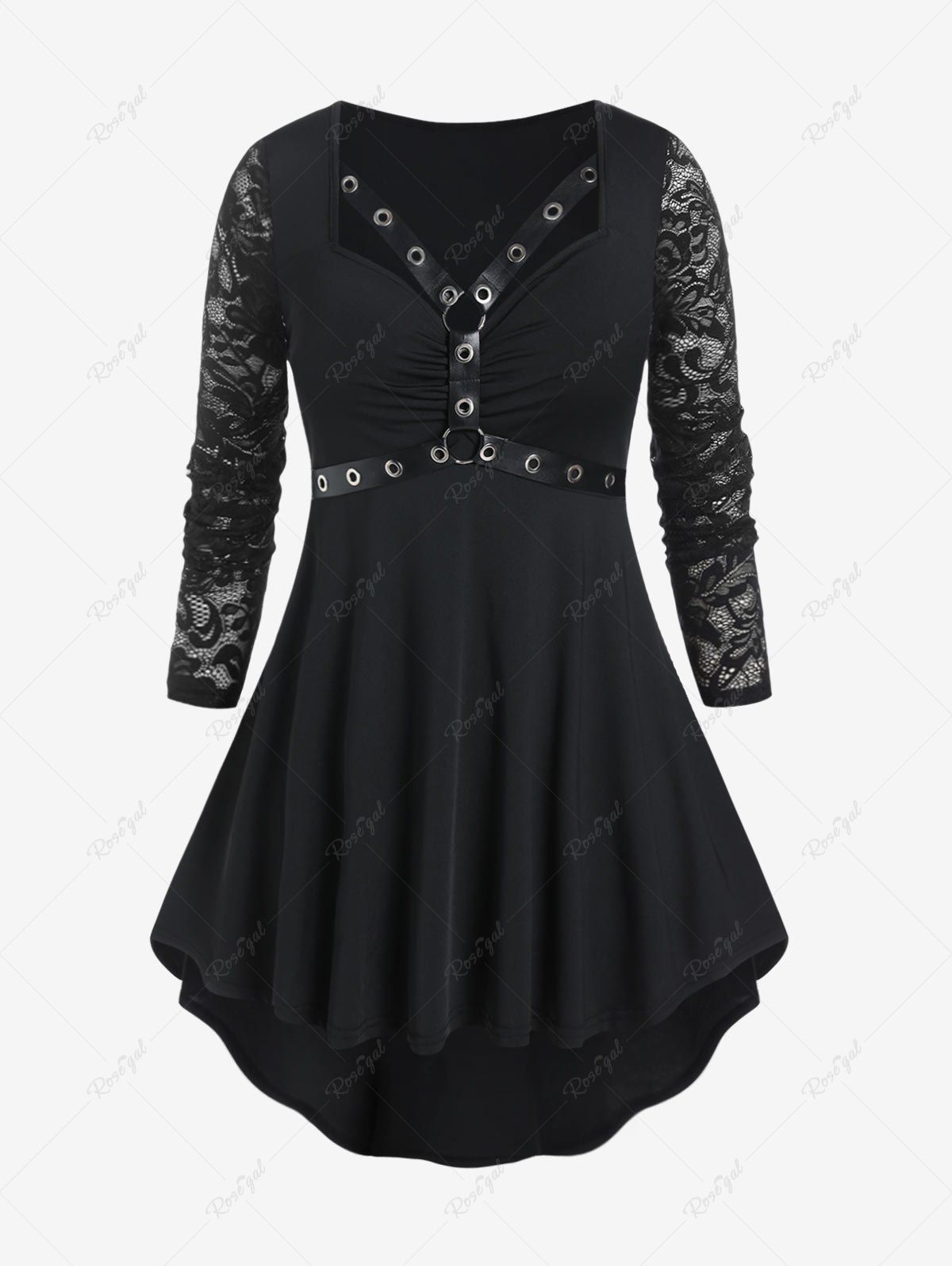 Fancy Gothic Lace Sleeve Harness Grommets High Low Tee  