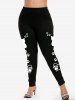 Gothic Cat Print Tee and High Waist Cat Paw Print Leggings Plus Size Summer Outfit -  