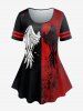 Wings Paint Splatter Printed Colorblock Tee and Rhombus Printed Skinny Leggings Plus Size Gothic Summer Outfit -  