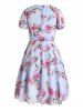 Plus Size & Curve Leaf Floral Belted Mesh Puff Sleeve A Line Midi Summer Casual Vacation Dress -  