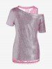 Ensemble T-shirt Métallique en Dentelle et Pantalon de Cloche de Grande Taille - Rose clair 