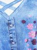 Plus Size 3D Jeans Floral Printed Crisscross A Line Dress -  