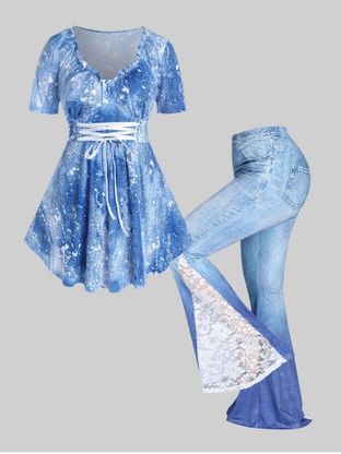 3D Denim Print Lace Up Tee and Lace Panel Bell Bottom Pants Plus Size Outfit