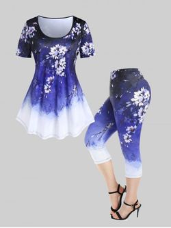 Floral Print Tee and High Waist Capri Leggings Plus Size Outfit - BLUE