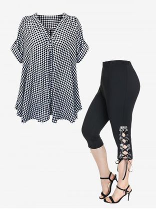V Neck Checked Blouse and Lace Up Capri Skinny Leggings Plus Size Outfit