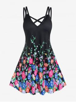 Plus Size Floral Print Crisscross Trapeze Dress - BLACK - 3X | US 22-24