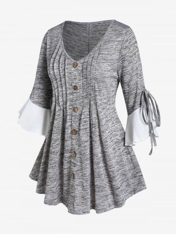 Plus Size Space Dye Flare Sleeves Knitted Tee with Buttons - LIGHT GRAY - M | US 10