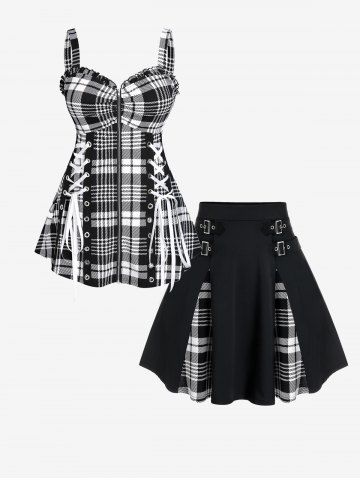 Lace Up Plaid Full Zipper Tank Top and Plaid Buckles High Waisted Mini Skirt Plus Size Outfit - BLACK