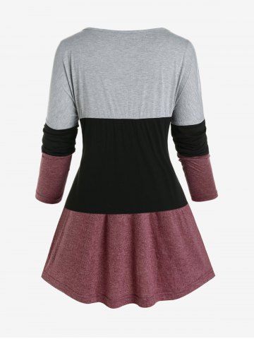 Plus Size Colorblock Long Sleeves Tee with Buttons