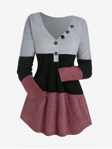 Plus Size Colorblock Long Sleeves Tee with Buttons