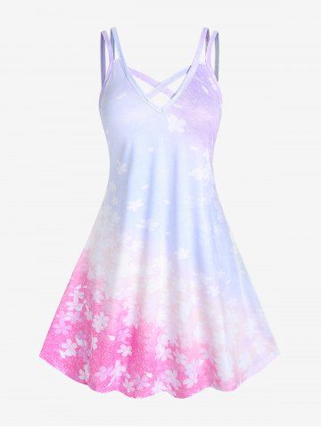 Plus Size Floral Print Ombre Color Crisscross Dress - LIGHT PURPLE - M | US 10
