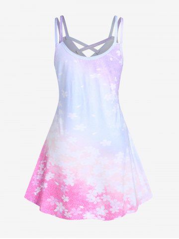 Plus Size Floral Print Ombre Color Crisscross Dress
