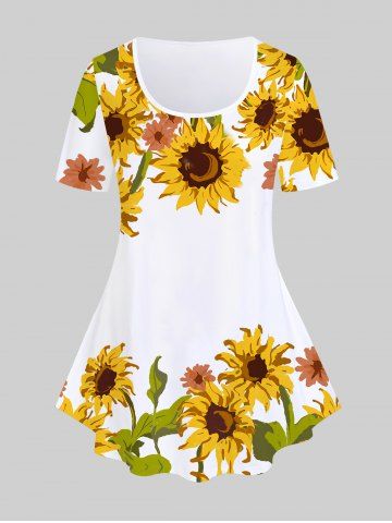 Plus Size Short Sleeve Sunflower Print Tee - YELLOW - 1X | US 14-16