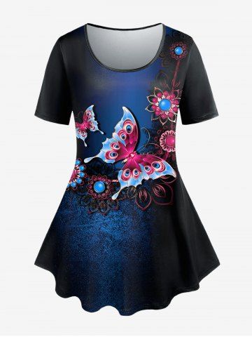 Plus Size Butterfly Print Tee - DEEP BLUE - L | US 12