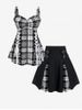 Lace Up Plaid Full Zipper Tank Top and Plaid Buckles High Waisted Mini Skirt Plus Size Outfit -  