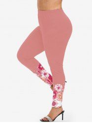 Pantalon Moulant à Imprimé Fleuri à Taille Haute de Grande Taille - Rose clair 5x | US 30-32