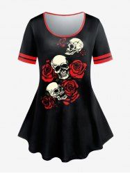 T-shirt à Imprimé Crâne et Rose Gothique Grande Taille - Rouge L | US 12